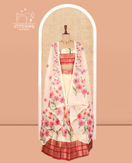 Cream-Rani Pink Semi-Silk Half-Saree Features Floral-Printed Skirt, a Contrast Traditional Border, a Matching Blouse, a Floral Dhavani