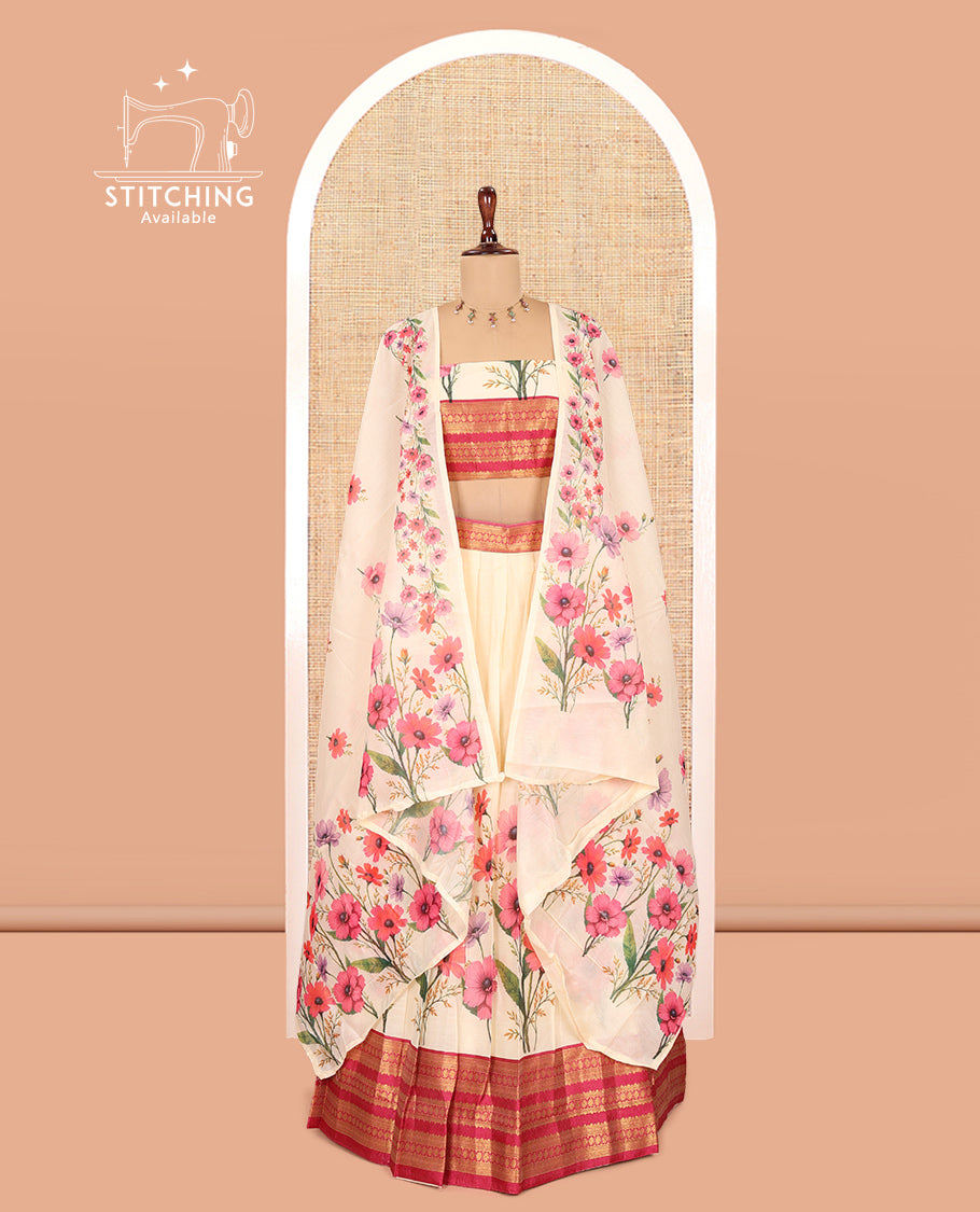 Cream-Rani Pink Semi-Silk Half-Saree Features Floral-Printed Skirt, a Contrast Traditional Border, a Matching Blouse, a Floral Dhavani