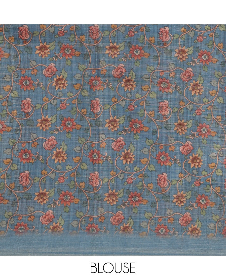 Grey rainbow-striped mercerised tissue saree, madhubani-style peacocks print pallu & kalamkari floral vine print pallu