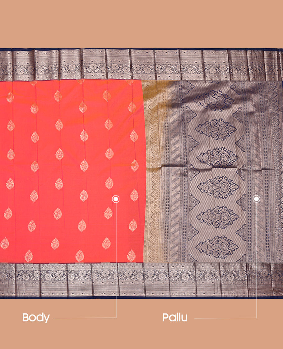 Orange Budget Silk Saree, Gleamed Up with Zari Buttas All Over Its Body, Complemented by a Contrast Traditional Zari Design Border, Grandly Decked Up Pallu, and Paired with a Contrast Blouse