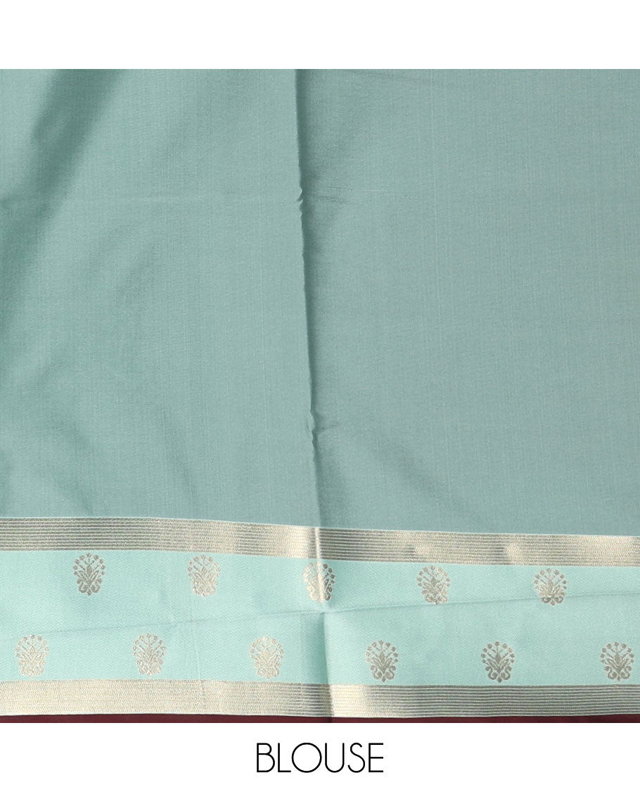 Maroon zari buttas soft silk saree, contrast zari design border, intricate jaal pallu, and contrast zari design blouse