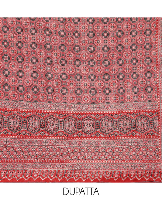 Cream-Red Cotton Hakoba Material Churidar Features Print and Ajrakh Neck Work Top, a Cotton Bottom, an Ajrakh Printed Dupatta