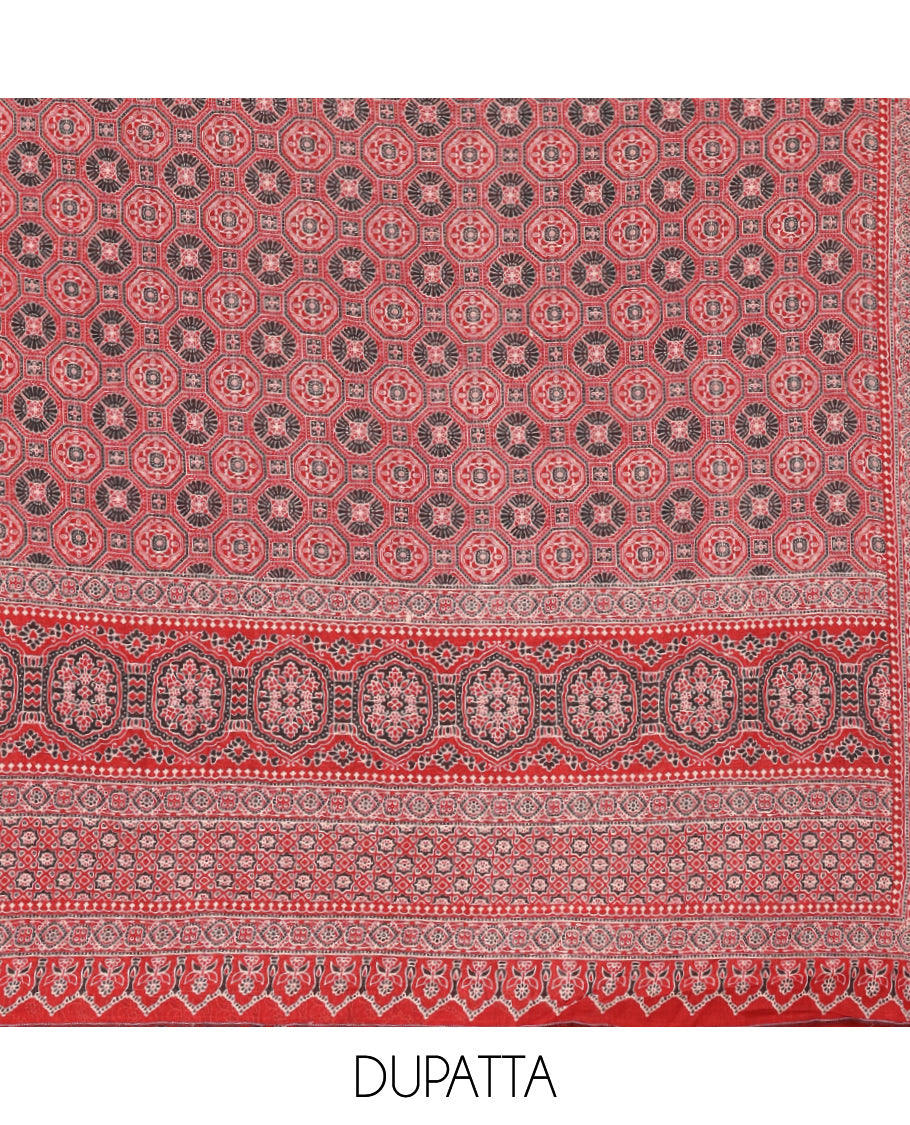 Cream-Red Cotton Hakoba Material Churidar Features Print and Ajrakh Neck Work Top, a Cotton Bottom, an Ajrakh Printed Dupatta