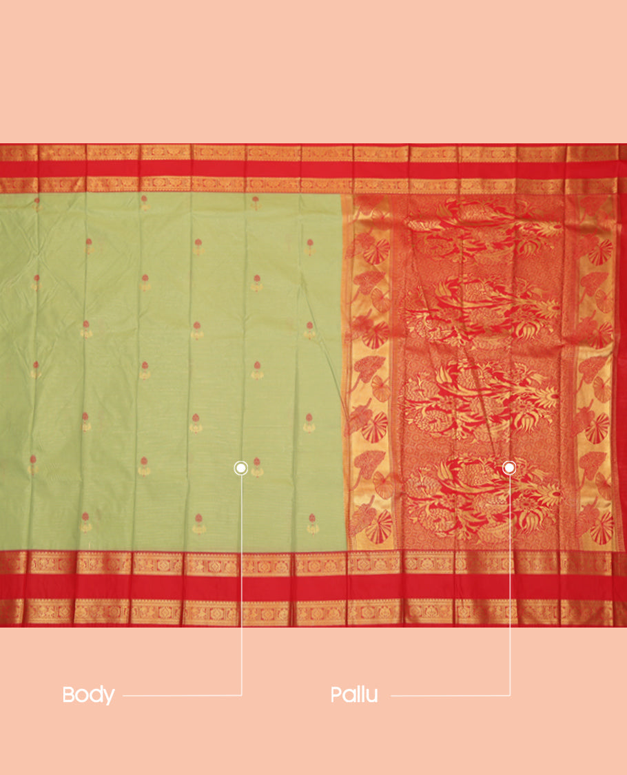 Green Budget Silk Saree, Enriched with Stripes and Floral Buttas, a Contrast Rettai Pettu Zari Border, a Grand Pallu and a Contrast Blouse