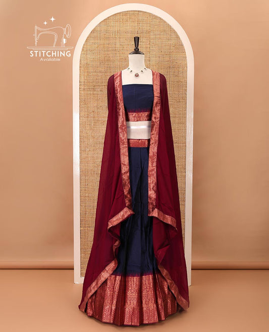 Navy blue taffeta silk material chudidar,plain skirt,contrast temple traditional zari border,zari design blouse & zari border georgette dhavani