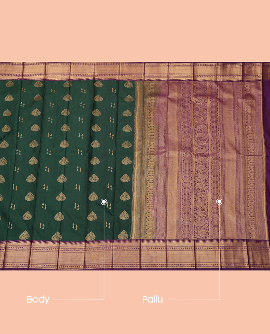 Green Budget Silk Saree, Ornamented with Zari Buttas, a Contrast Traditional Zari Border, Intricate Pallu, and a Contrast Blouse
