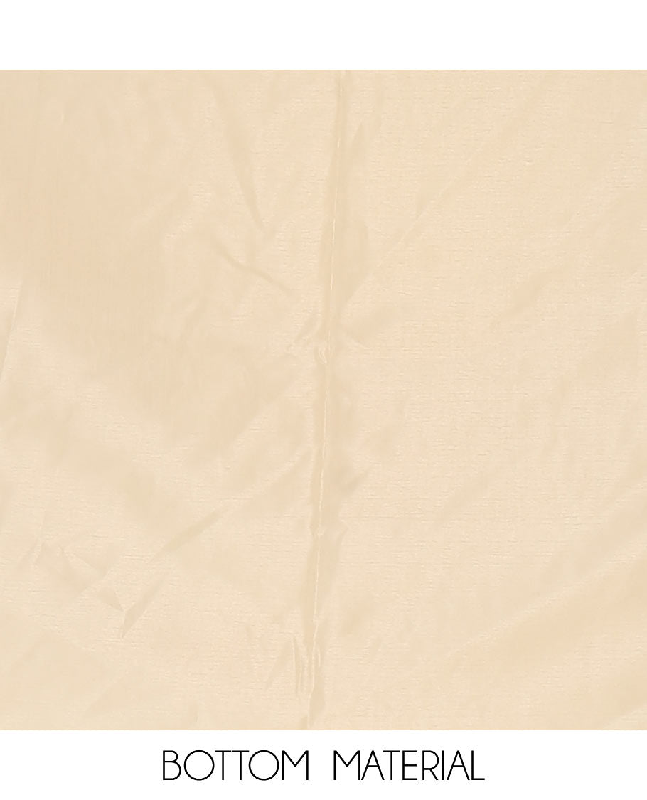 Kerala cream chudidar material,zari buttas & sunflower motif taffeta silk top, plain cream santoon bottom & sunflower zari motif dupatta