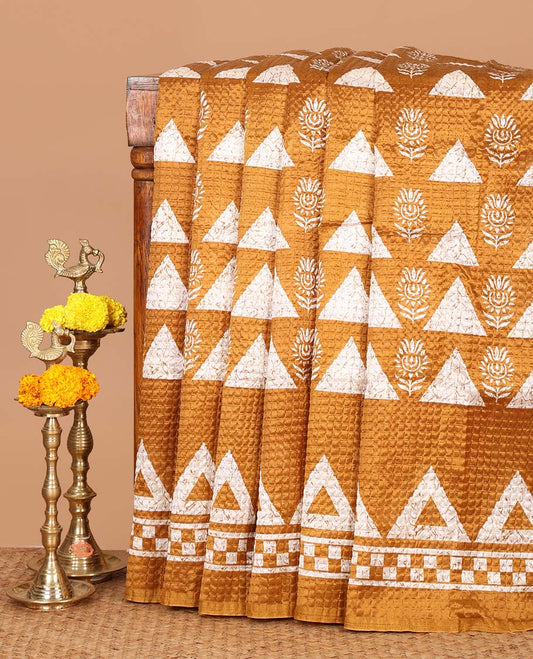 Mustard batik-style triangle & floral printed litchi crushed saree,self-border,geometric print pallu & triangle motif printed blouse