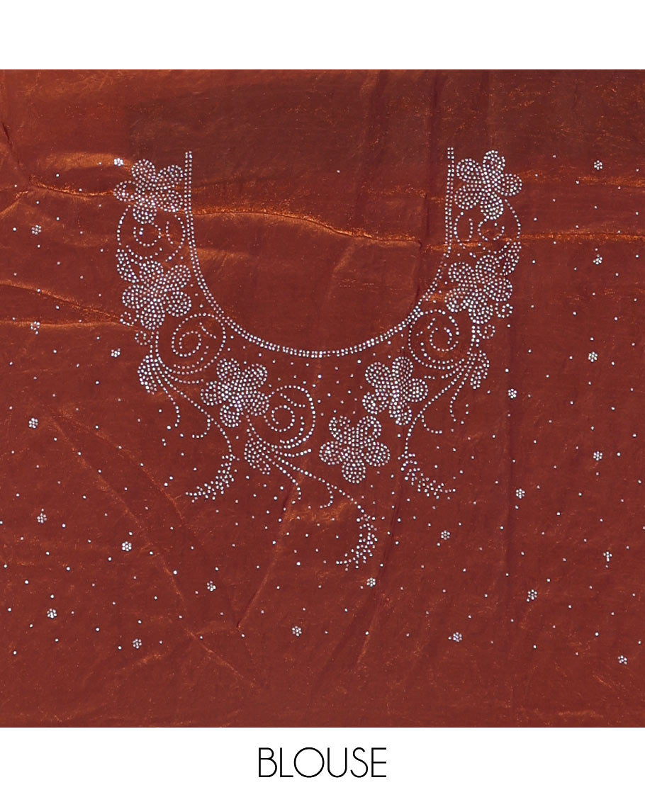 Honey color horizontally swarovski stone striped fendi chiffon saree, swarovski stone work border, and a plain blouse