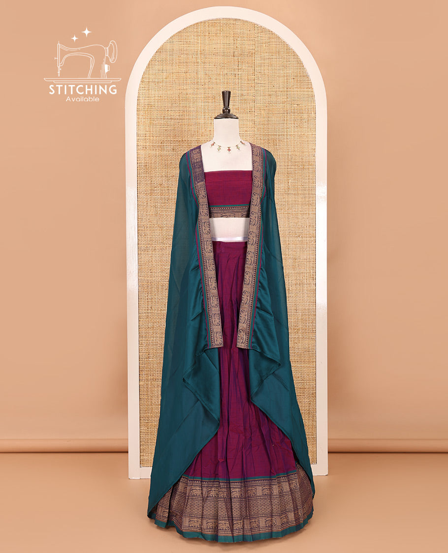 Purple with green cotton half saree with contrast elephant design border,elephant design blouse & zari design border dhavani