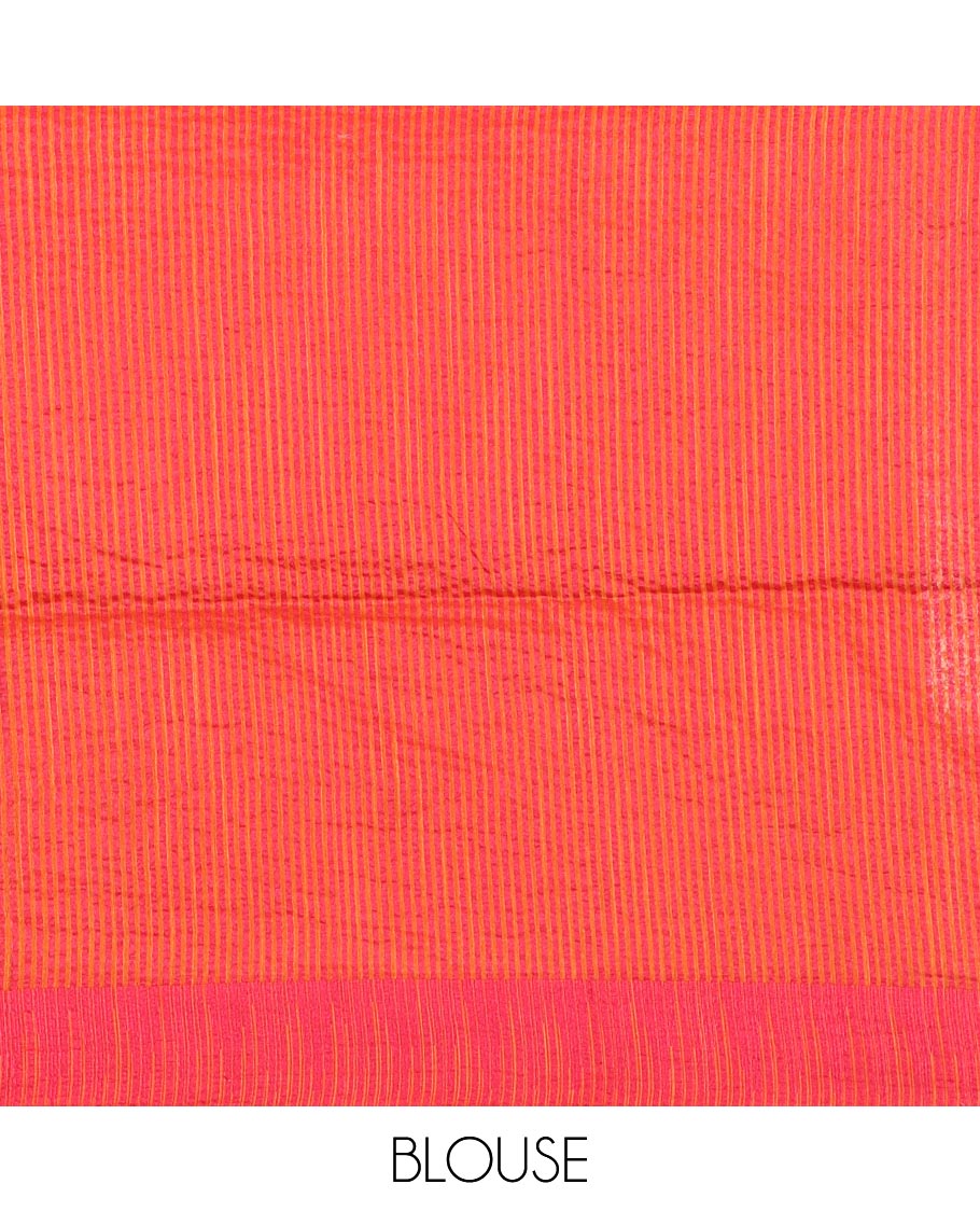 Orange plain staple cotton saree, contrast temple border, striped pallu & vertical striped blouse