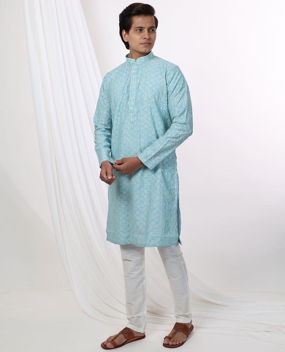 Light blue geometric embroidery with sequins work mandarin collar & full-sleeve long raw silk kurta