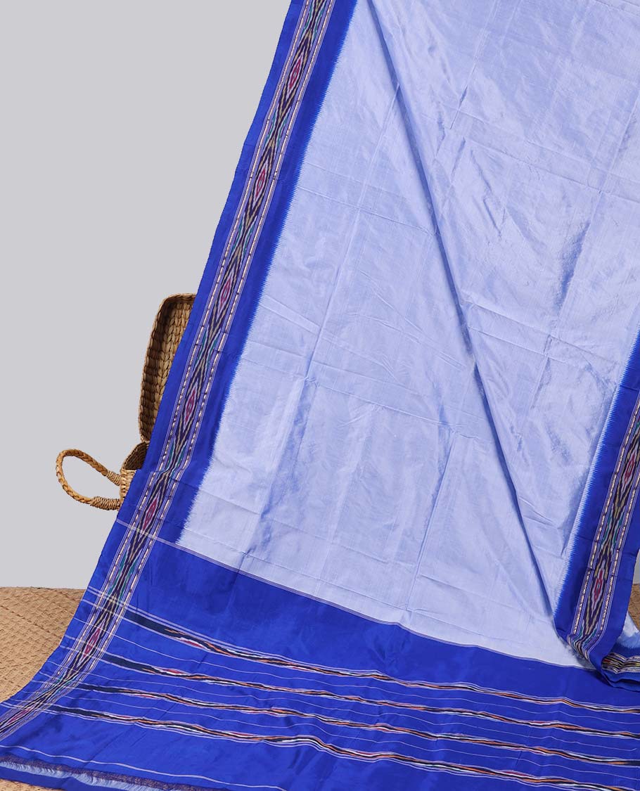 Blue ikkat silk saree with contrast striped border & striped design pallu