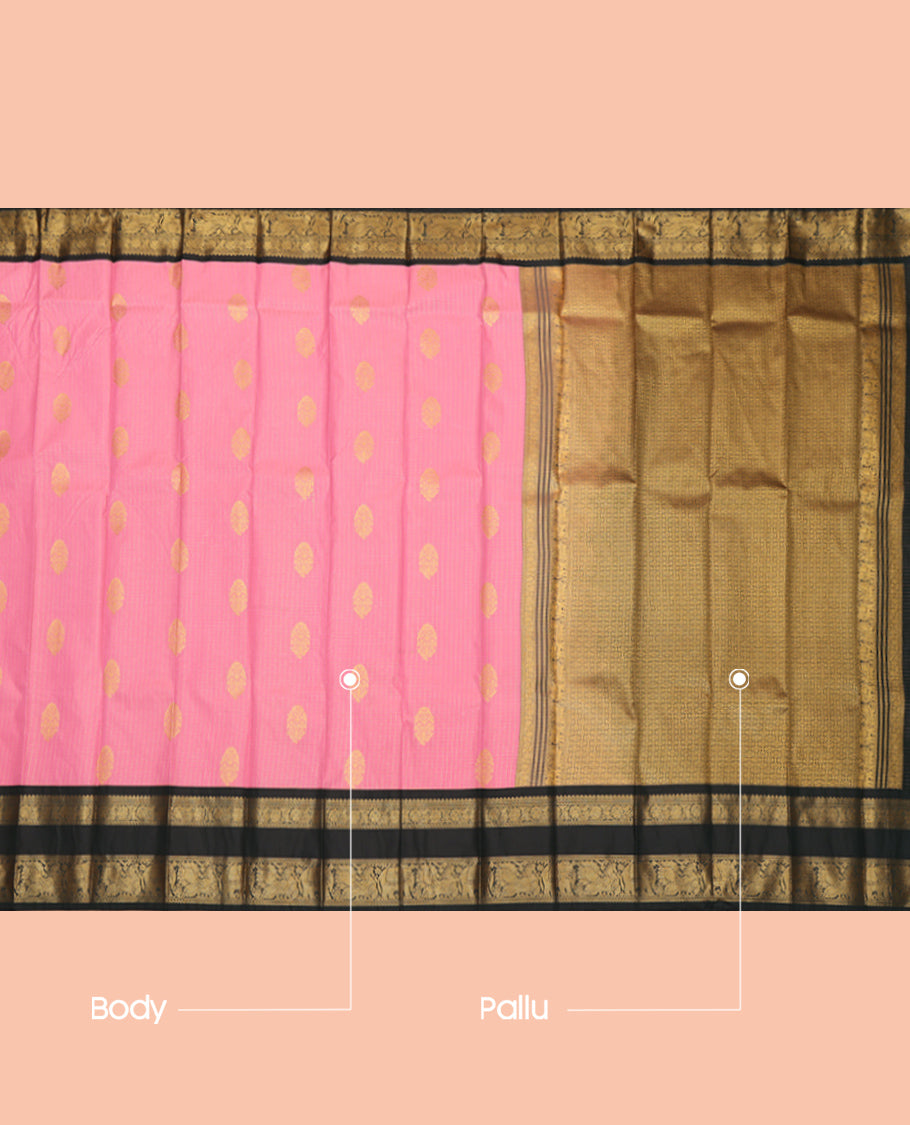 Pink Budget Silk Saree, Ornamented with Zari Buttas and Checks, Complemented by Contrast Traditional Rettai Pettu Border, a Jaal Pallu and a Contrast Blouse