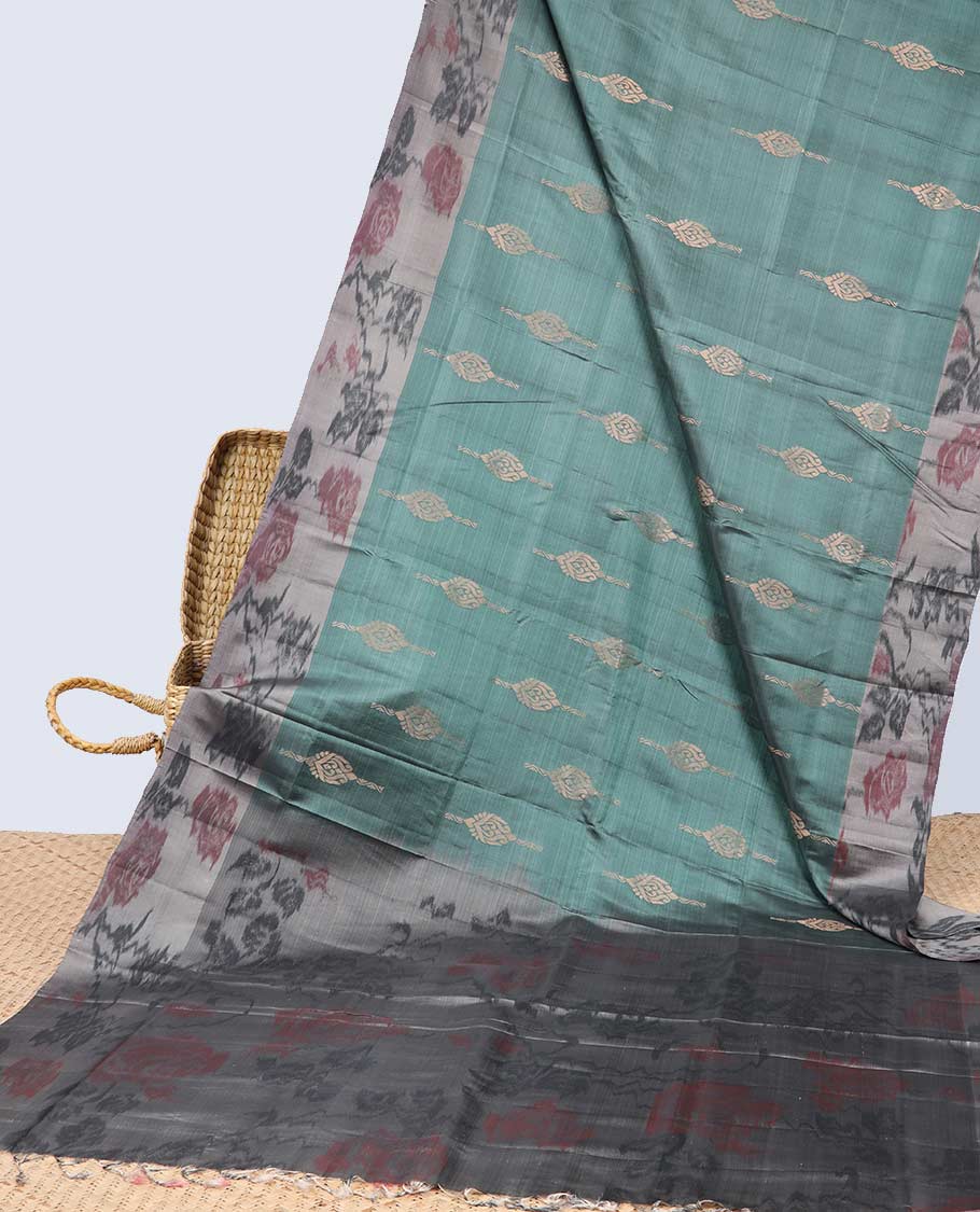 Green floral motifs semi-soft silk saree with contrast border & floral vine design pallu