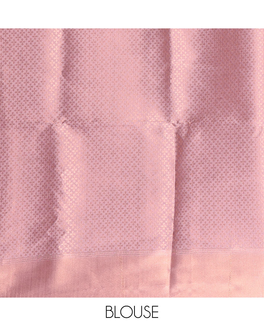 Pink paisley zari jacquard Kanchi tissue saree, zari border, pallu steeped with paisleys, and jacquard matching blouse