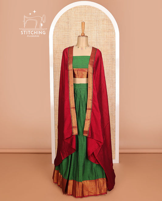 Dark green cotton half saree with contrast traditional zari design border, zari design blouse & plain, zari design border dhavani