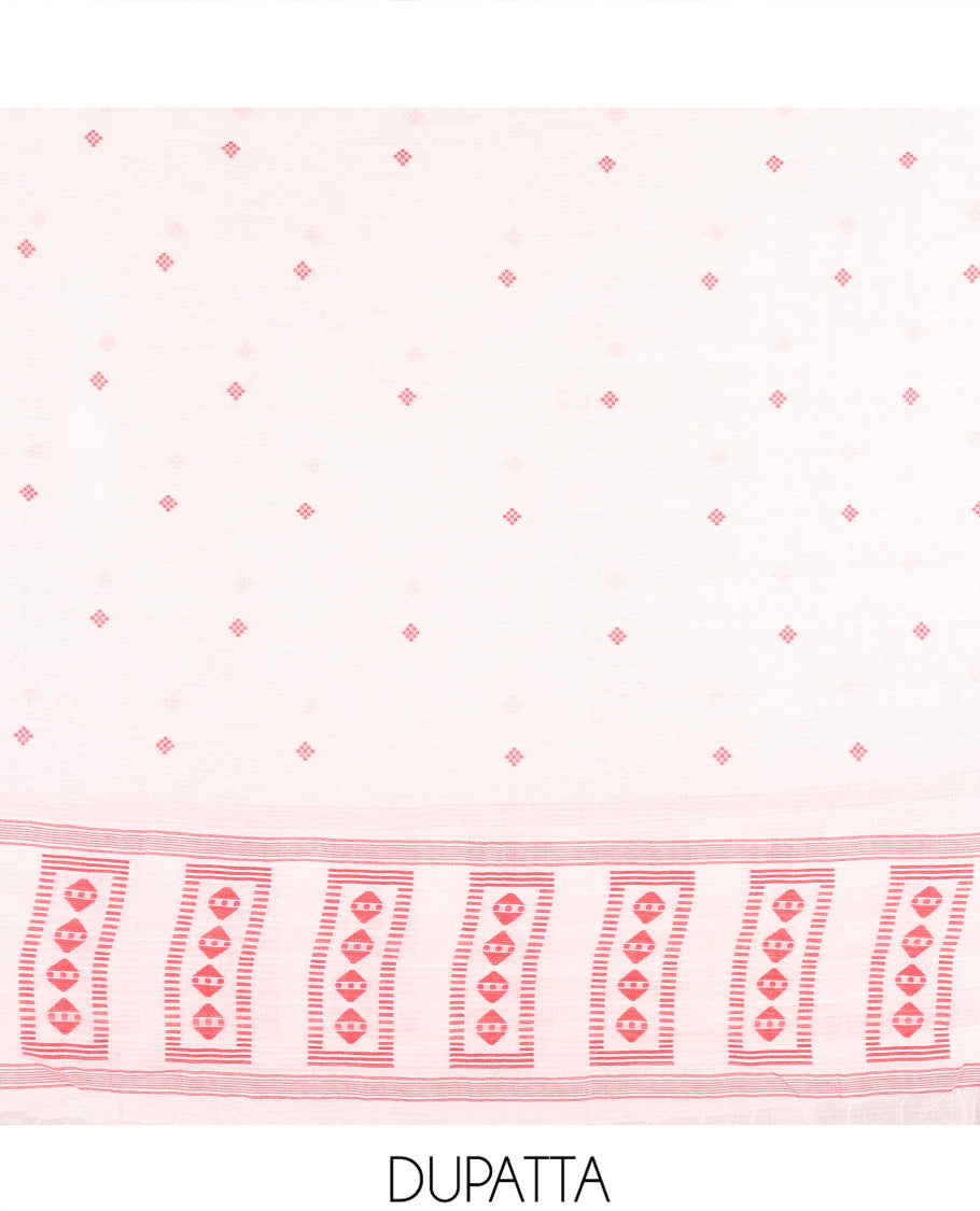 Cream Mul Cotton Material Chudidar Features Jamdani-Style Top, Striped Bottom, a Jamdani Dupatta