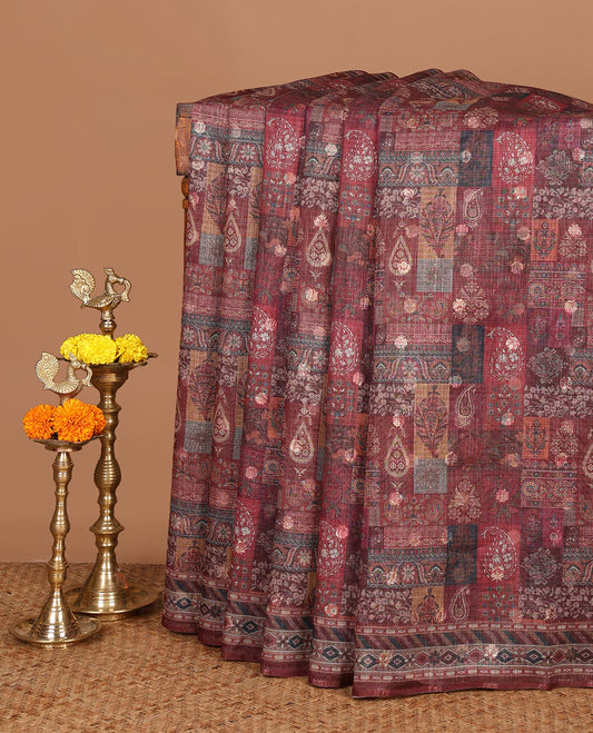 Maroon butta digital printed jaipuri kota saree with printed border & printed pallu along with butta design printed blouse