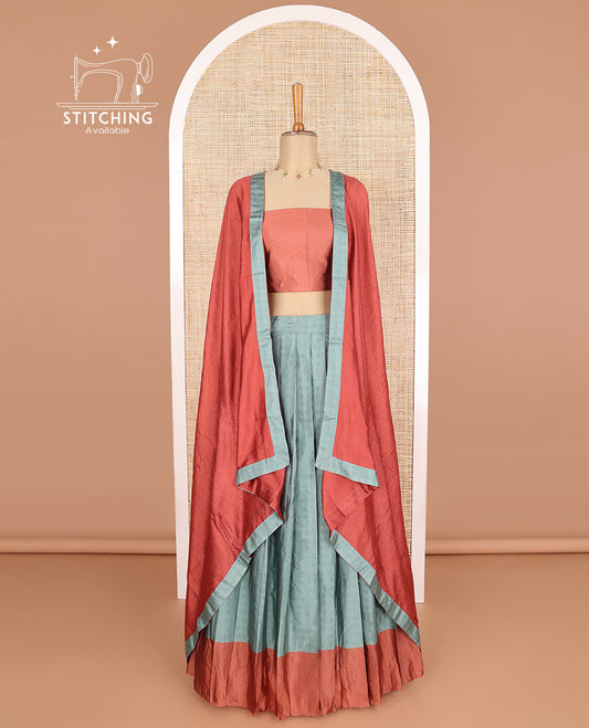 Blue checked design poly-cotton half saree with contrast border, plain blouse & plain, geometric design border dhavani