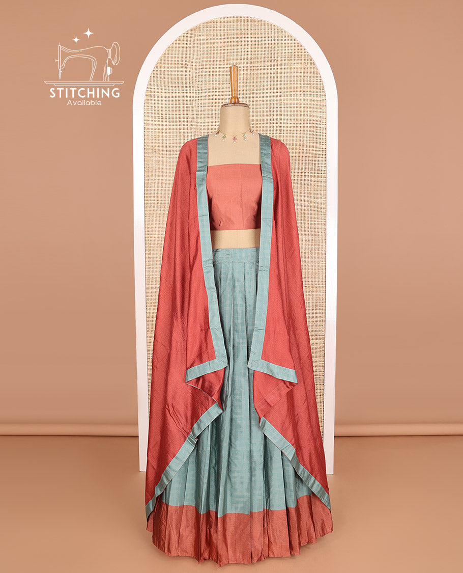 Blue checked design poly-cotton half saree with contrast border, plain blouse & plain, geometric design border dhavani