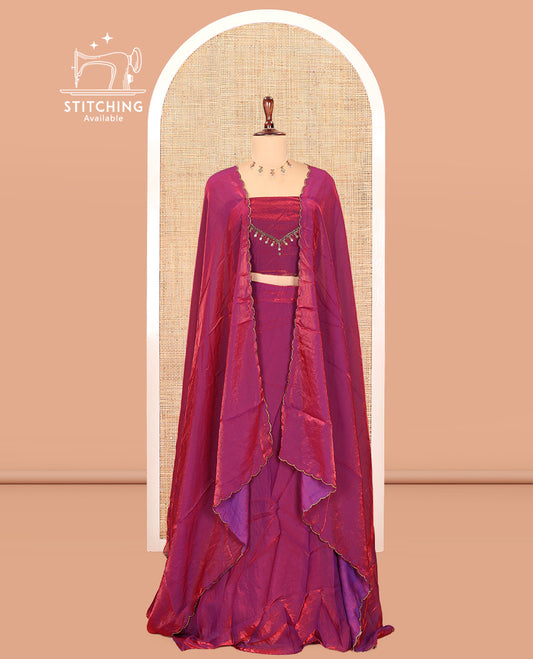 Wine Fendi Organza Half-Saree, Plain Skirt, Matching Embroidered Blouse, Matching Scallop Dhavani