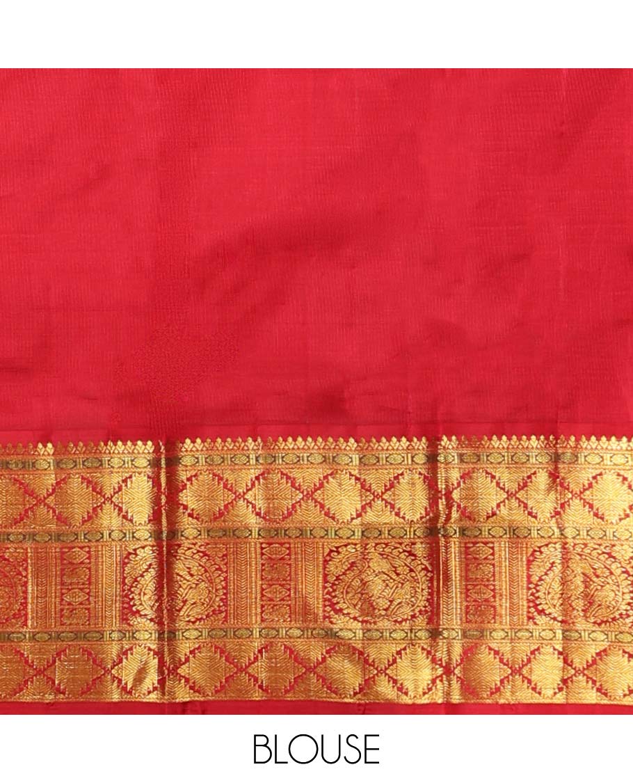 Blue floral buttas kancheepuram silk saree with korvai border of rekku, banaras, paun designs & intricate zari design pallu