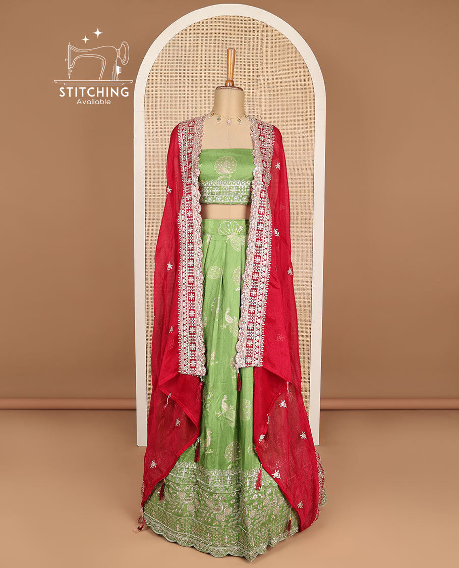 Green floral embroidery half saree with zari design blouse & floral embroidery dhavani