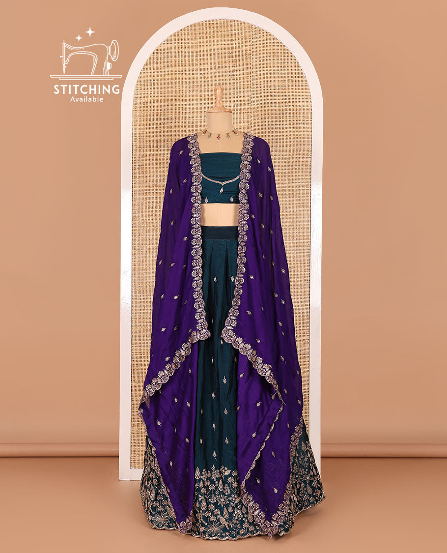 Peacock blue half-saree, floral and bird motifs embroidered velvet organza top, matching embroidered blouse, and contrast scallop embroidered syska georgette dhavani