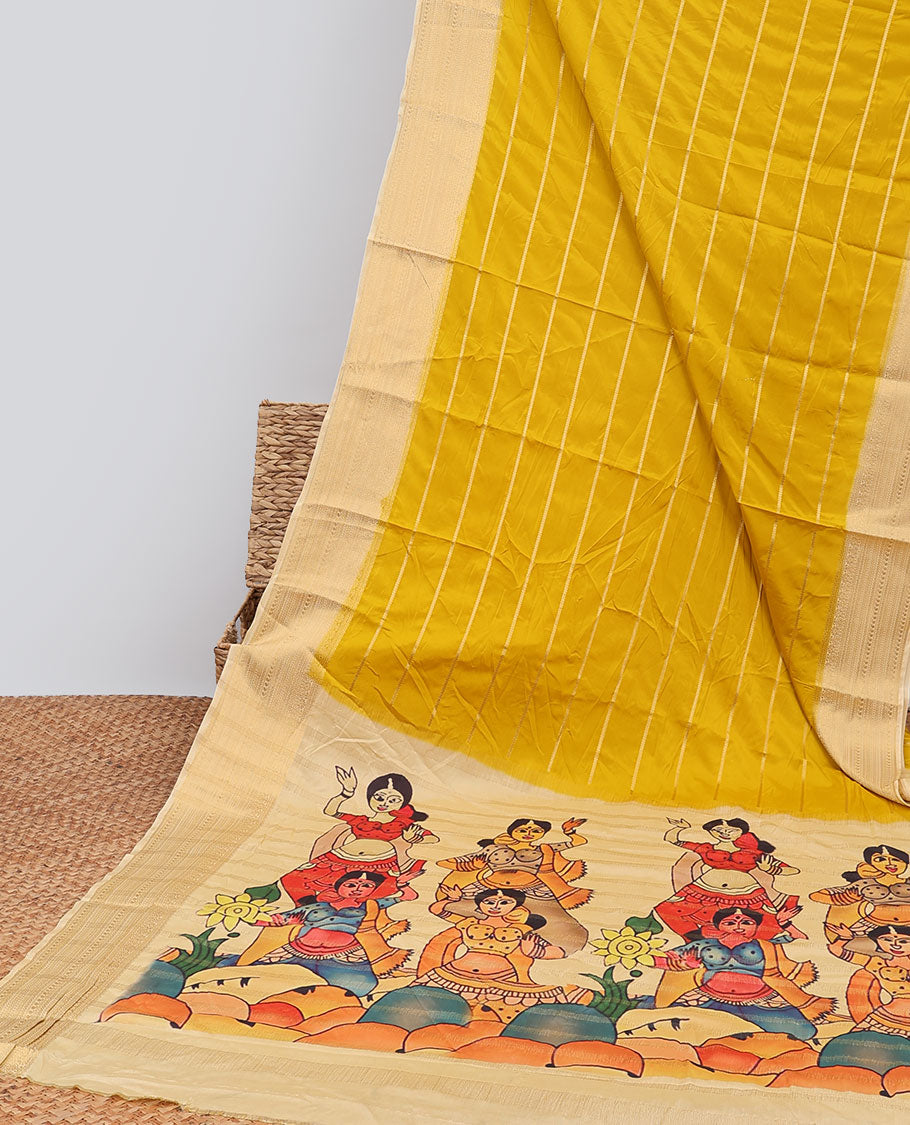 Yellow striped mysore silk saree with contrast intricate zari border & human motifs pallu