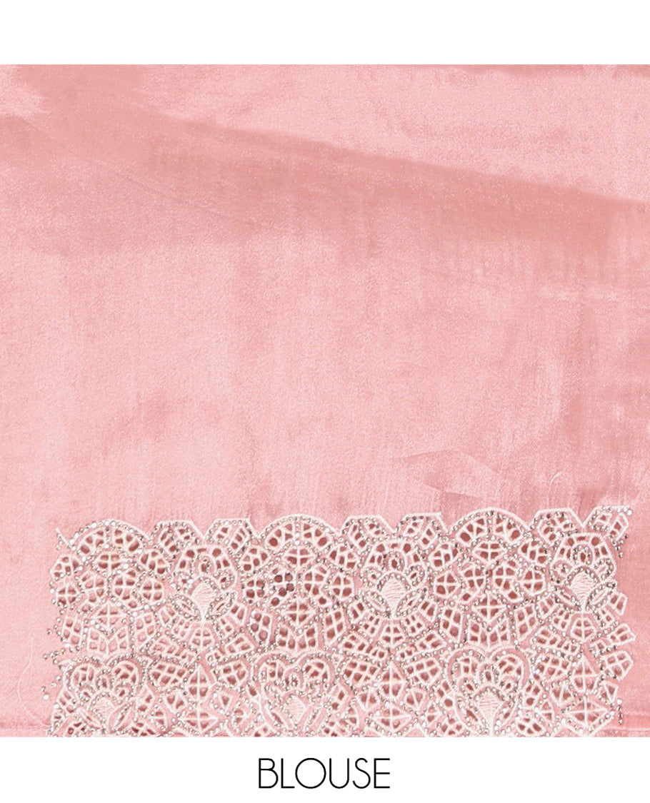 Pale Pink Designer Saree, Bedecked with Stonework, Scallop-Cut Work Border, Self Pallu, and Matching Blouse