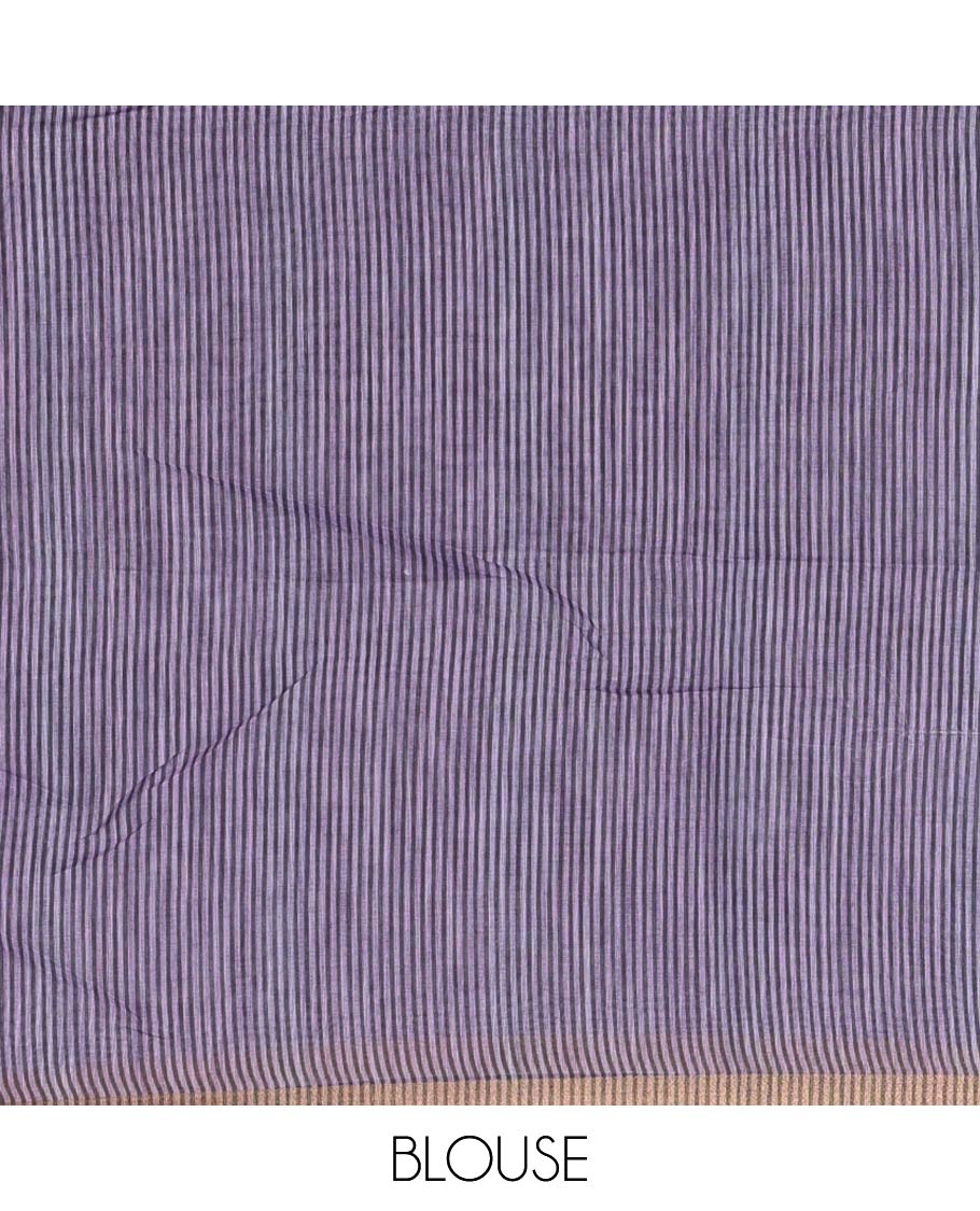 Black-lavender kalamkari floral vine, and peacock printed linen cotton saree, piping border, kalamkari printed pallu, and contrast striped pallu