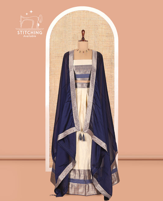 Cream-Navy Blue Semi-Silk Half-Saree