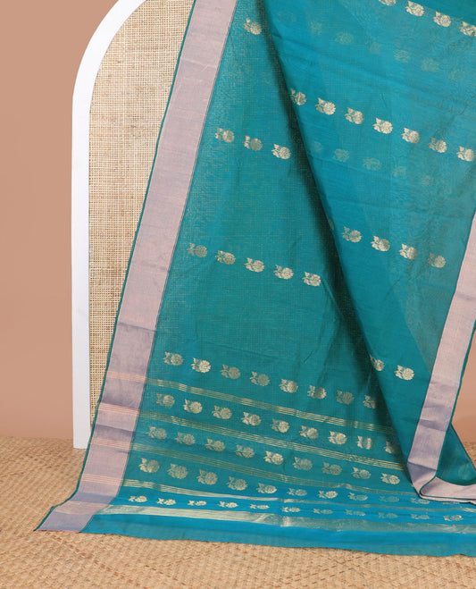 Turquoise floral motifs chanderi cotton saree with contrast zari design border & striped, floral design pallu