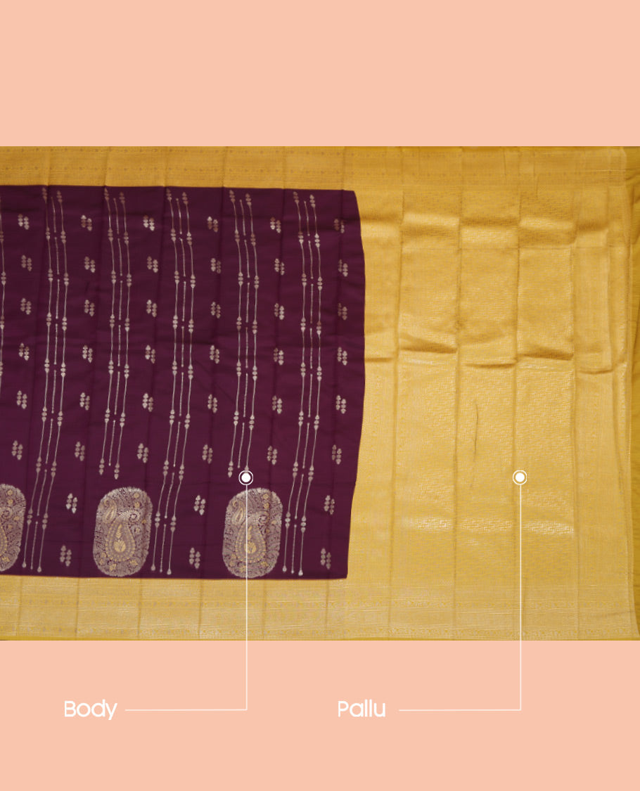 Brown Litchi Saree, Mesmerized with Zari Buttas, a Contrast Traditional Zari Border, Grand Pallu, and a Contrast Blouse