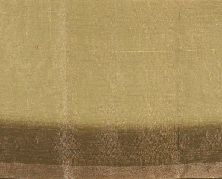 Olive green plain tissue saree, contrast gold zari piping border & self pallu with tussels