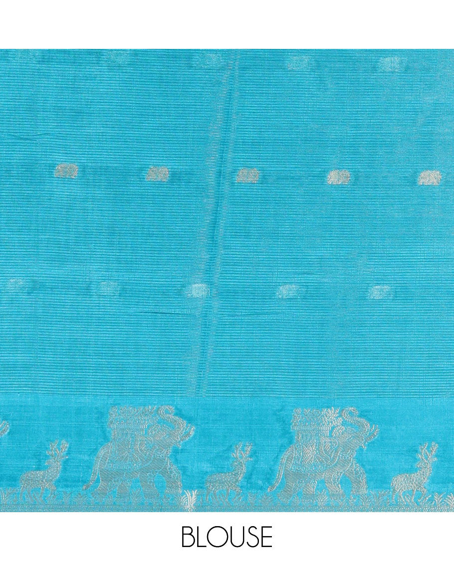 Half-white zari stripes and buttas dola silk saree, contrast yellow-blue Ganga-Jamuna temple elephant motifs border, paisleys printed pallu, and contrast elephant buttas blouse