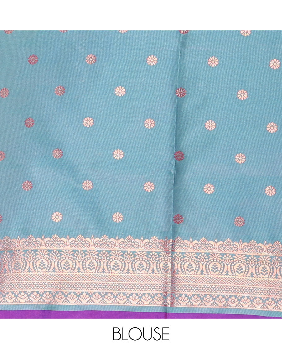 Violet zari buttas elite soft silk saree, contrast traditional zari border of Pichwai cow design, scallop pallu, and a contrast zari design blouse