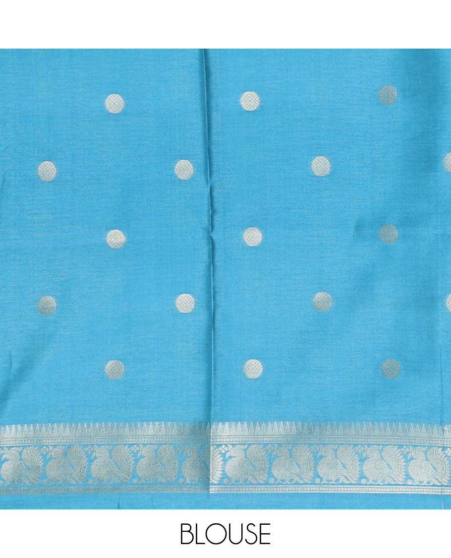 Peacock blue temple & rudraksham motifs fancy tussar saree, contrast traditional zari peacocks border, pallu of peacock & mughal floral design, & contrast zari blouse