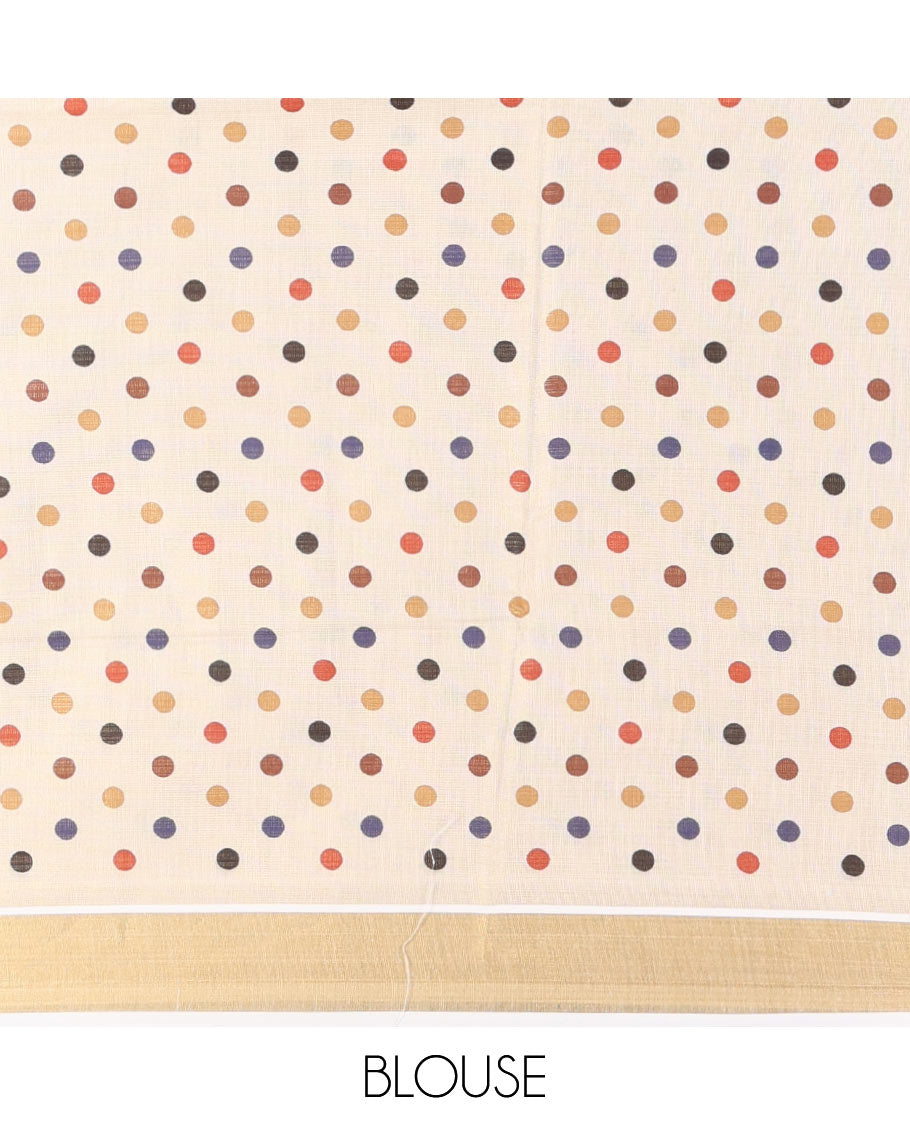 Cream multi-color polka dots printed Kerala tissue cotton saree, zari bavanji border, polka dots printed pallu, and small dots printed blouse