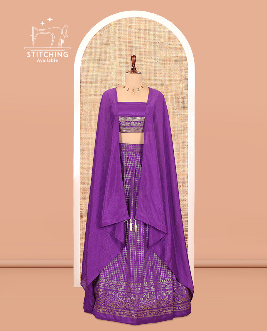 Violet Vichitra Silk Half Saree with Zari Checks, a Traditional Zari Border, Matching Blouse and a Dhavani