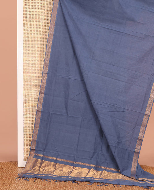 Grey Plain Mangalagiri Cotton Saree, Decked Up with Traditional Zari Design Border, Gleaming Zari Pallu, and Paired with a Matching Blouse
