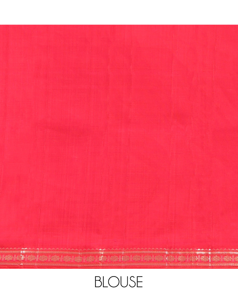 Pink Striped Kanchipuram Silk Saree, Complemented by a Contrast Border of Rekku, Vanki, and Kamalam Designs, Zari Muthu Striped Pallu, and Paired with a Contrast Blouse