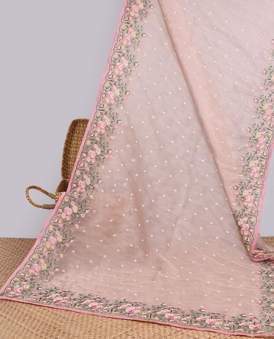 Peach motifs embroidery net designer saree with self floral border & floral embroidery pallu 