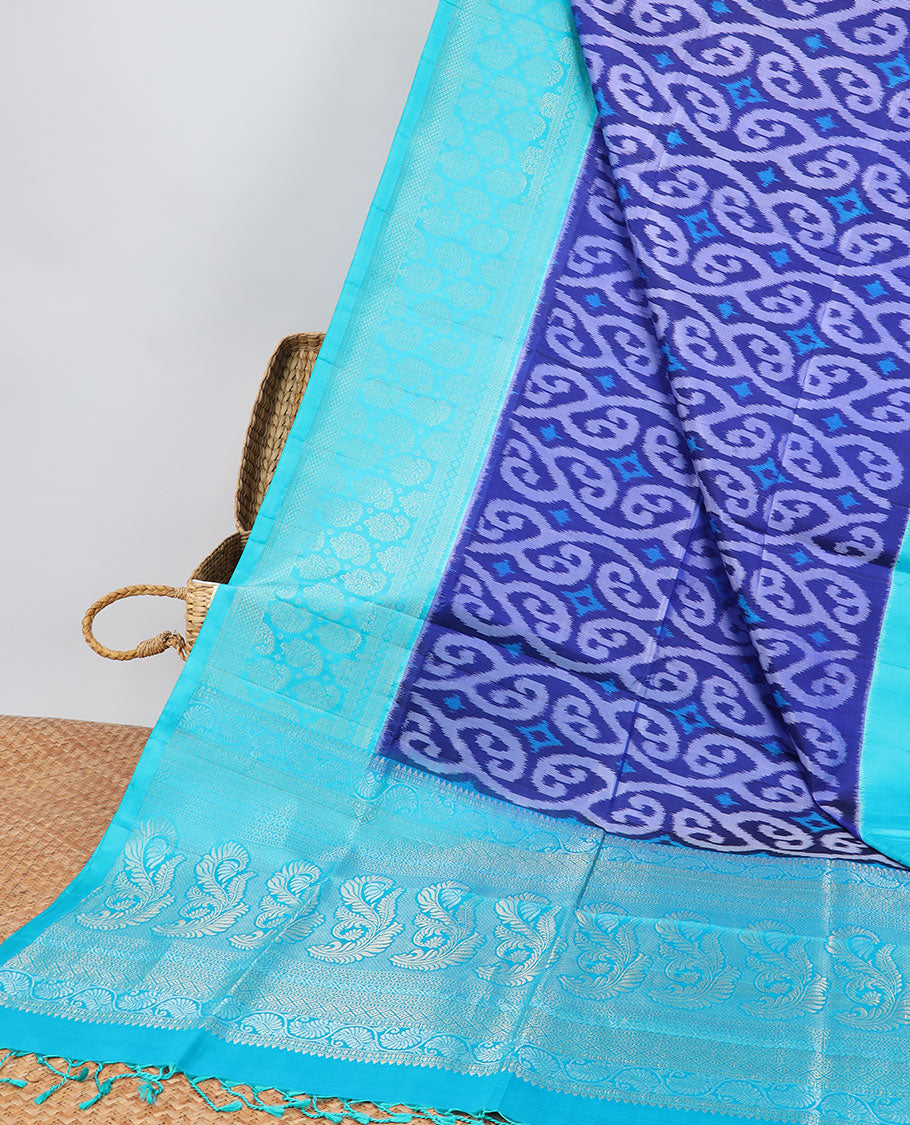 Blue ikkat style floral vine design soft silk saree with contrast zari border & intricate zari design pallu
