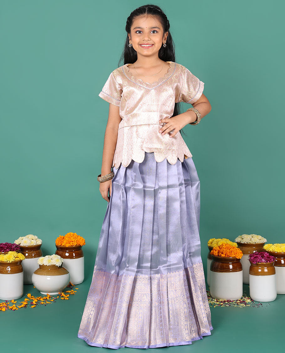 Violet readymade art silk pavadai, traditional zari big border skirt, & contrast jacquard scallop neck & short sleeve blouse