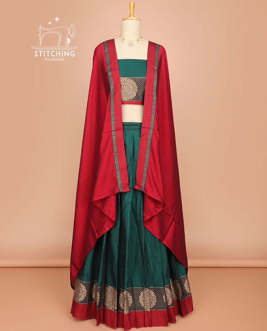 Dark green cotton half saree with contrast intricate zari design border, zari design blouse & plain, zari design border dhavani