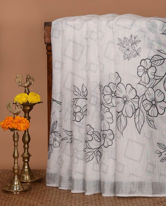White diamond & floral motif printed linen cotton saree, silver zari border, diamond & floral print pallu & geometric print blouse
