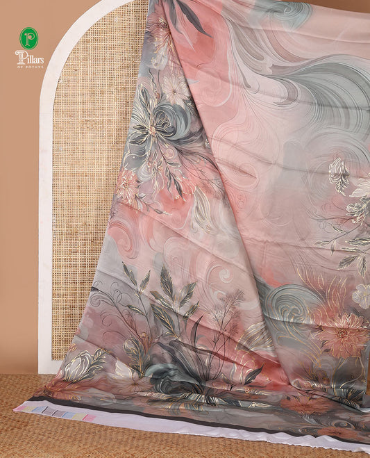 Borderless onion pink abstract-style floral digital print with golden foil print satin silksaree, digital printed blouse
