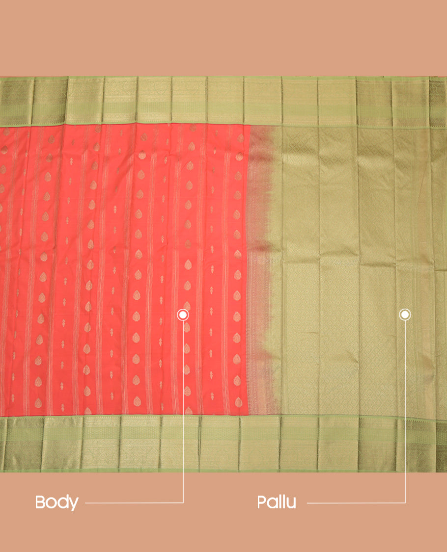 Peach Budget Silk Saree, Ornamented with Zari Buttas and Stripes, Complemented by a Contrast Traditional Zari Border, Grand Jaal Pallu, and Contrast Blouse